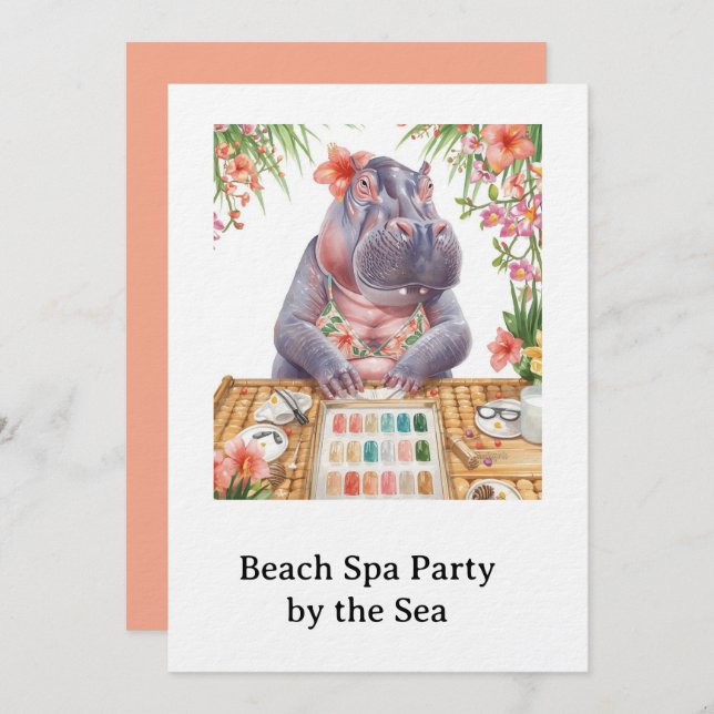  Hippo in Bikini Manicure Coastal Beauty beach spa Einladung (Vorne/Hinten)