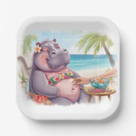 Hippo in bikini relax by the beach pappteller