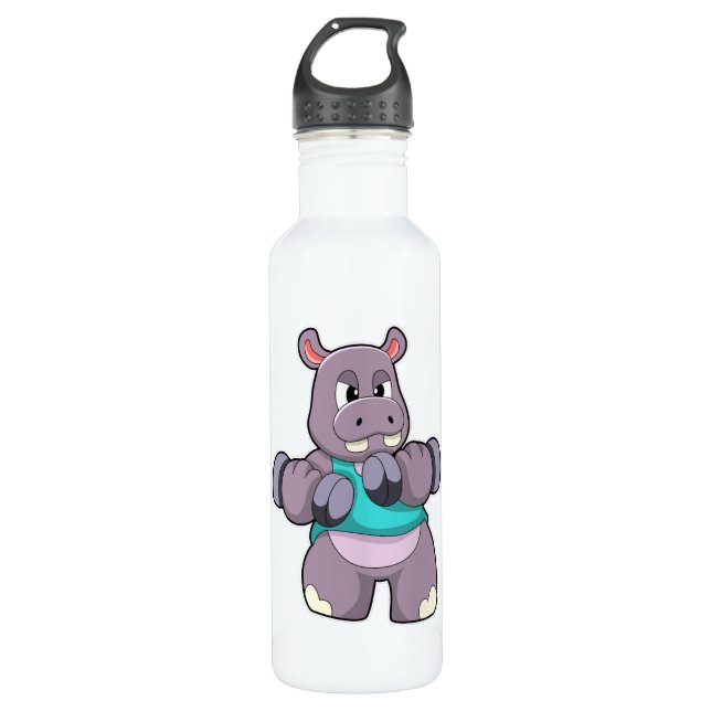 Hippo in Bodybuilding mit Dumbells Edelstahlflasche (Vorderseite)