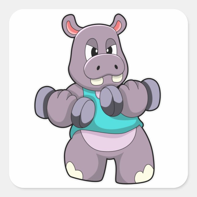 Hippo in Bodybuilding mit Dumbells Quadratischer Aufkleber (Vorderseite)