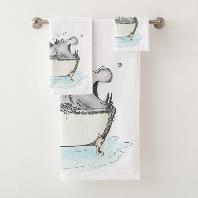 Hippo in der Badewanne Illustration Wasserfarbe Badhandtuch Set (Insitu)