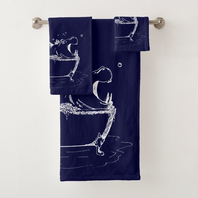 Hippo in der Bath Fun Illustration Navy Blue Badhandtuch Set (Insitu)