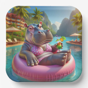 Hippo in einem Pool mit Cocktailgetränk Pappteller