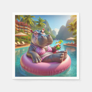 Hippo in einem Pool mit Cocktailgetränk Serviette