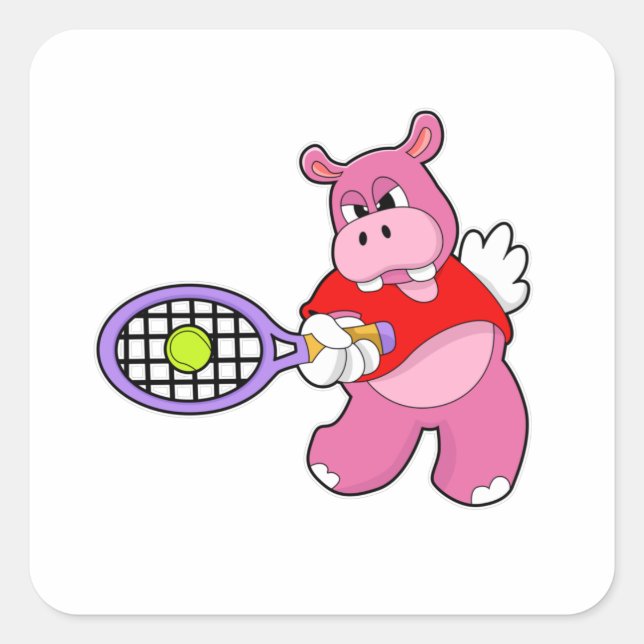 Hippo in Tennis mit Tennisschläger Quadratischer Aufkleber (Vorderseite)