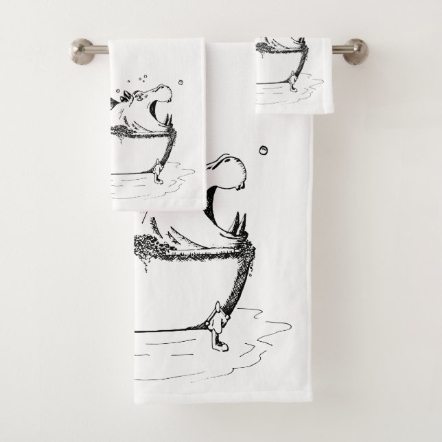 Hippo in the Bath Fun Illustration Black Badhandtuch Set (Insitu)