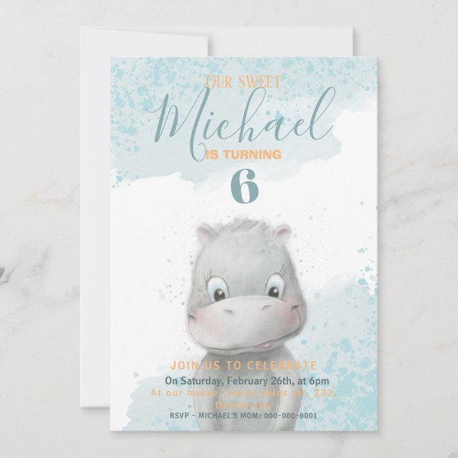 Hippo Junge Geburtstagsfeier Einladung 2 Backgr (Vorderseite)
