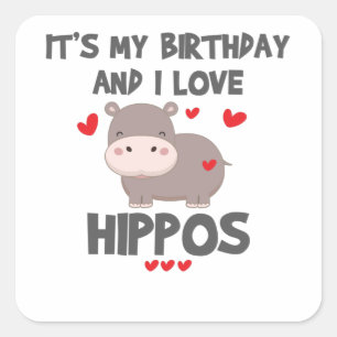 Hippo Lover It's My Birthday and I Love Hippos Quadratischer Aufkleber