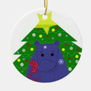 Hippo mit einem Weihnachtsbaum Keramik Ornament