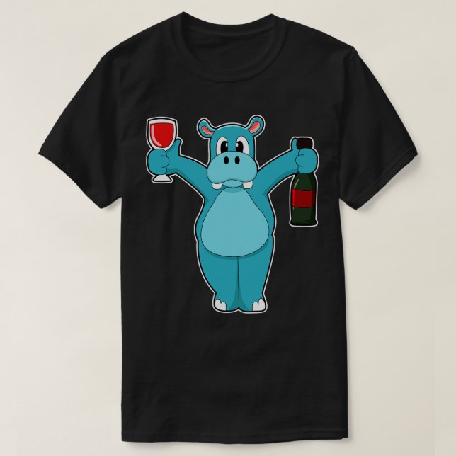 Hippo mit Glas Wein Flasche Wein T-Shirt (Design vorne)