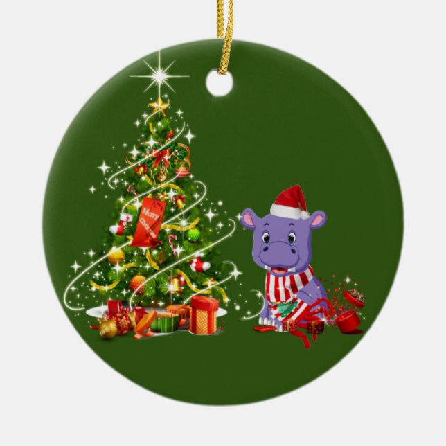 Hippo mit Hutschnupfen Weihnachten Keramik Ornament (Vorne)