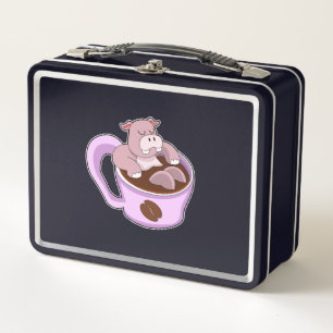 Hippo mit Kaffee-Cup Metall Brotdose