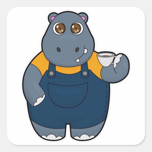 Hippo mit Kaffee-Cup Quadratischer Aufkleber (Vorderseite)