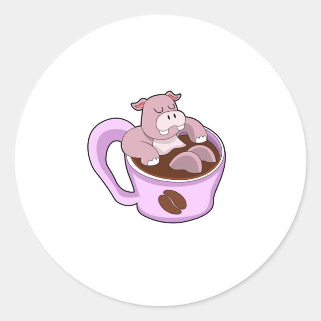 Hippo mit Kaffee-Cup Runder Aufkleber (Vorderseite)