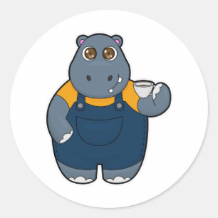 Hippo mit Kaffee-Cup Runder Aufkleber