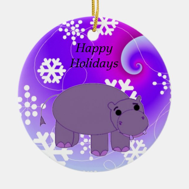 Hippo mit Schneeflocken Keramik Ornament (Vorne)