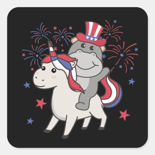 Hippo mit Unicorn für Amerikanische Unabhängigkeit Quadratischer Aufkleber (Vorderseite)