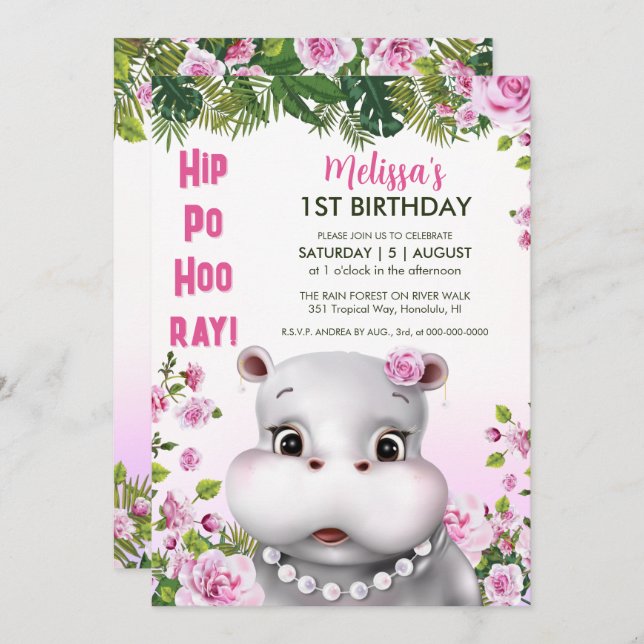 Hippo Pearls Pink Floral Girl Geburtstag Einladung (Vorne/Hinten)
