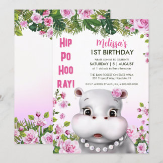 Hippo Pearls Pink Floral Girl Geburtstag Einladung