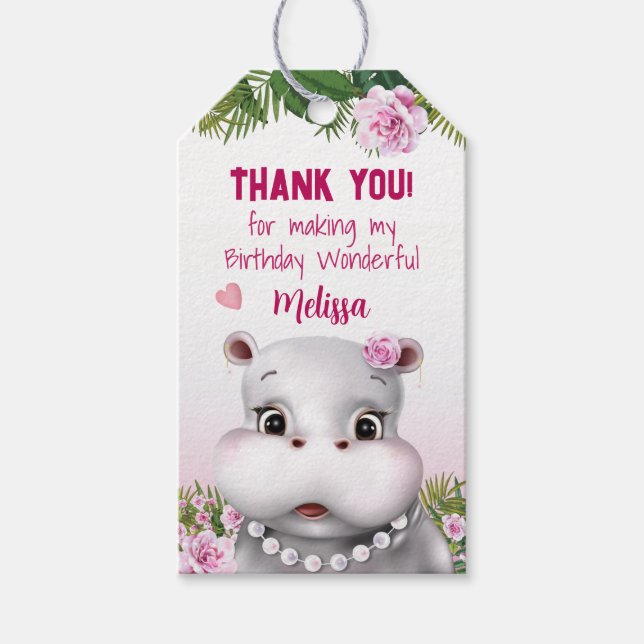 Hippo Pink Floral Geburtstag Vielen Dank Geschenkanhänger (Vorderseite)