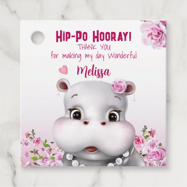 Hippo Pink Floral Girl Geburtstag Geschenkanhänger (Vorderseite)