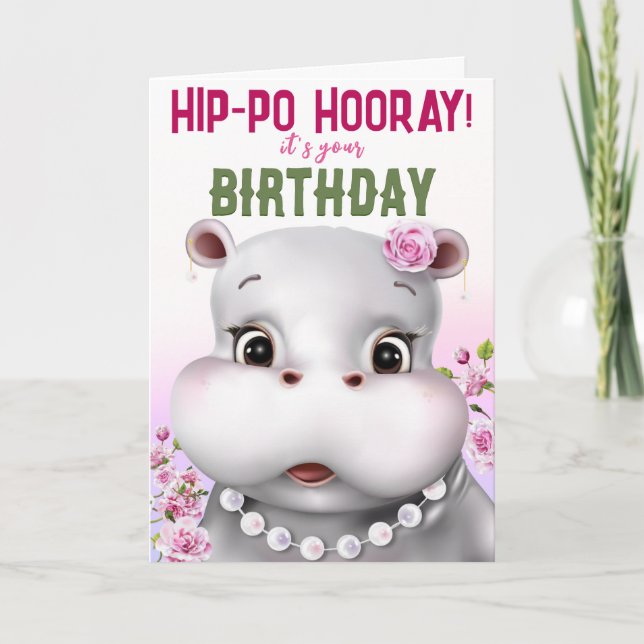 Hippo Pink Floral Girl Geburtstag Karte (Vorderseite)