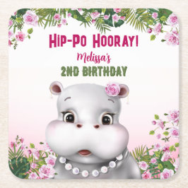 Hippo Pink Floral Girl Geburtstag Rechteckiger Pappuntersetzer