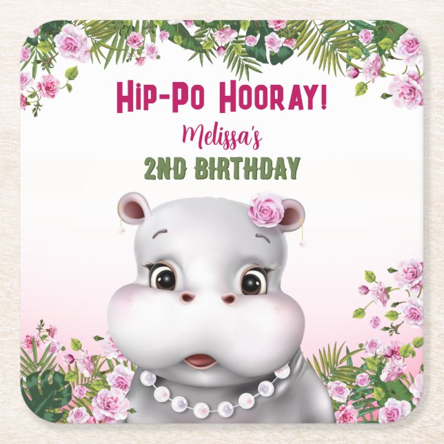 Hippo Pink Floral Girl Geburtstag Rechteckiger Pappuntersetzer (Vorderseite)
