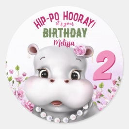 Hippo Pink Floral Girl Geburtstag Runder Aufkleber