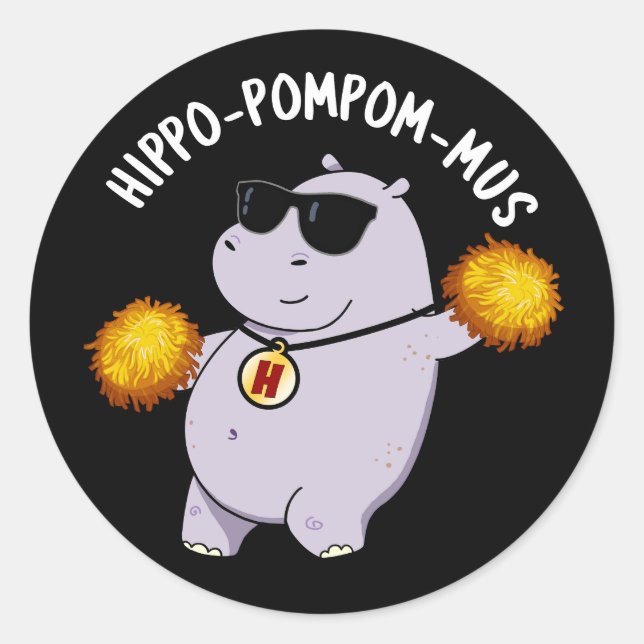 Hippo-pompom-mus Funny Animal Hippo Pun Dark BG Runder Aufkleber (Vorderseite)