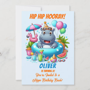 Hippo-Poolparty-Geburtstagseinladung HipHip Hurra Einladung