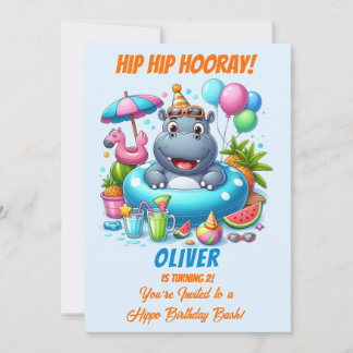 Hippo-Poolparty-Geburtstagseinladung HipHip Hurra Einladung