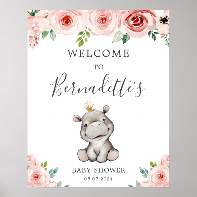 Hippo Princess Baby Shower Welcome Sign Poster (Vorne)