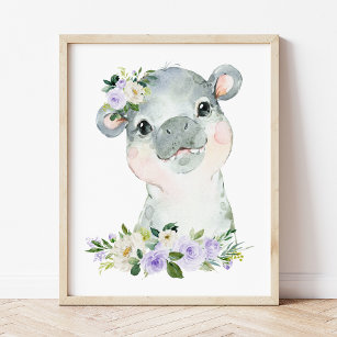 Hippo, Safari, Purple Flowers, Gender Neutral Fotodruck