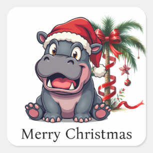 Hippo Santa Holiday Cheer Button Quadratischer Aufkleber