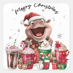 Hippo Santa Holiday Cheer Button Quadratischer Aufkleber