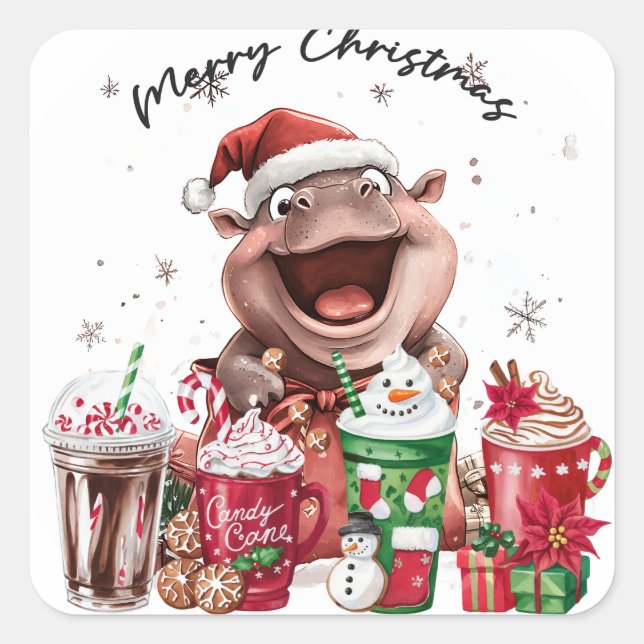 Hippo Santa Holiday Cheer Button Quadratischer Aufkleber (Vorderseite)