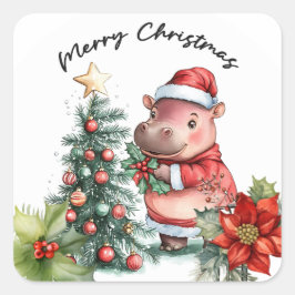 Hippo Santa Holiday Cheer Button Quadratischer Aufkleber