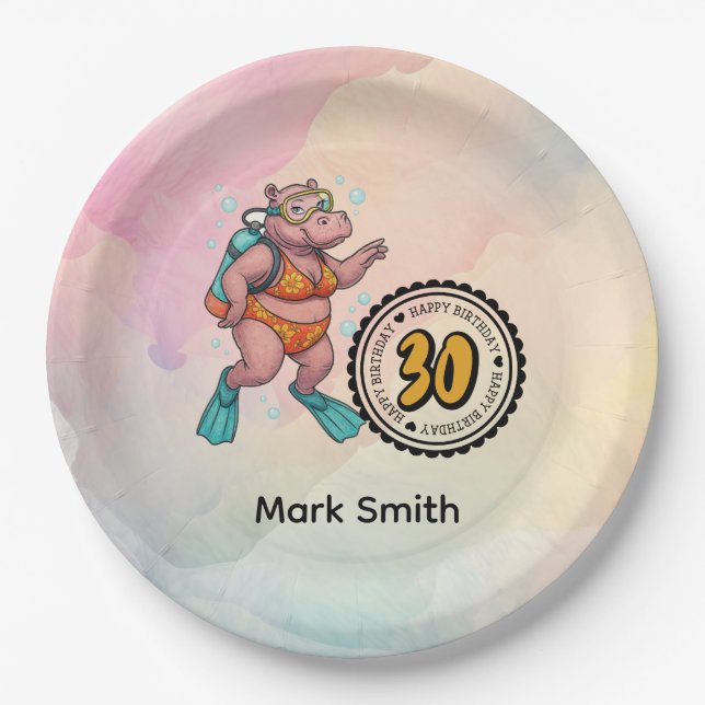 Hippo scuba diver 30th Birthday  Pappteller (Vorderseite)