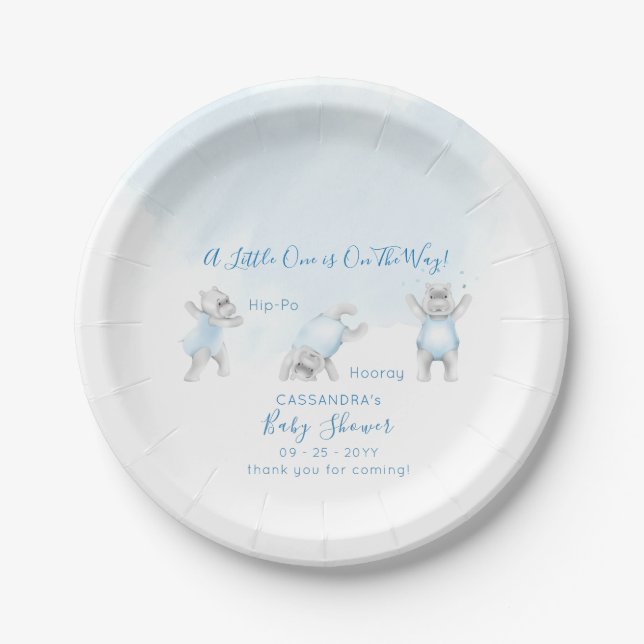 Hippo Somersault Baby Boy Shower Pappteller (Vorderseite)