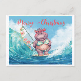 Hippo Surfer on Surf Board on Christmas Holiday Postkarte