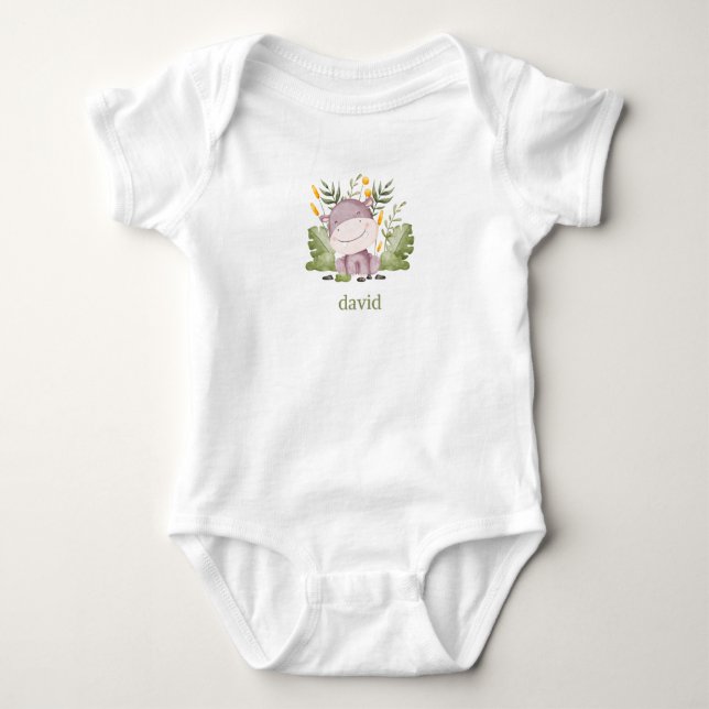 Hippo und Foliage Boy's Personalisiert Baby Strampler (Vorderseite)