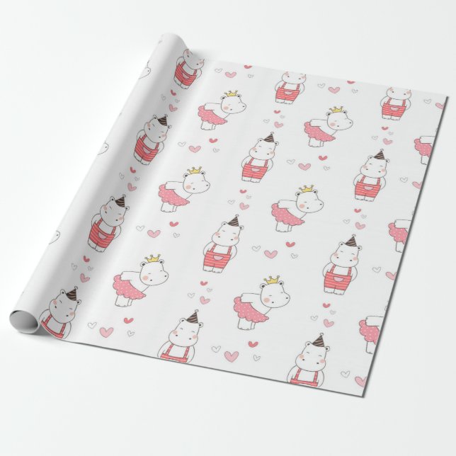 Hippo Valentines Liebe Muster Geschenkpapier (Ungerollt)