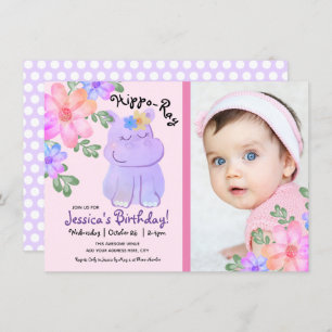 Hippo Watercolor Birthday Giro Floral Einladung