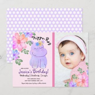 Hippo Watercolor Birthday Giro Floral Einladung