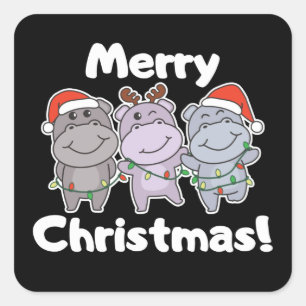 Hippo Weihnachtstiere Niedlich Hippos Merry Square Quadratischer Aufkleber