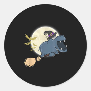 Hippo Witch Hat Riding Broom Stick Zoo Tierische L Runder Aufkleber
