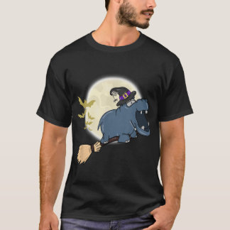 Hippo Witch Hat Riding Broom Stick Zoo Tierische L T-Shirt