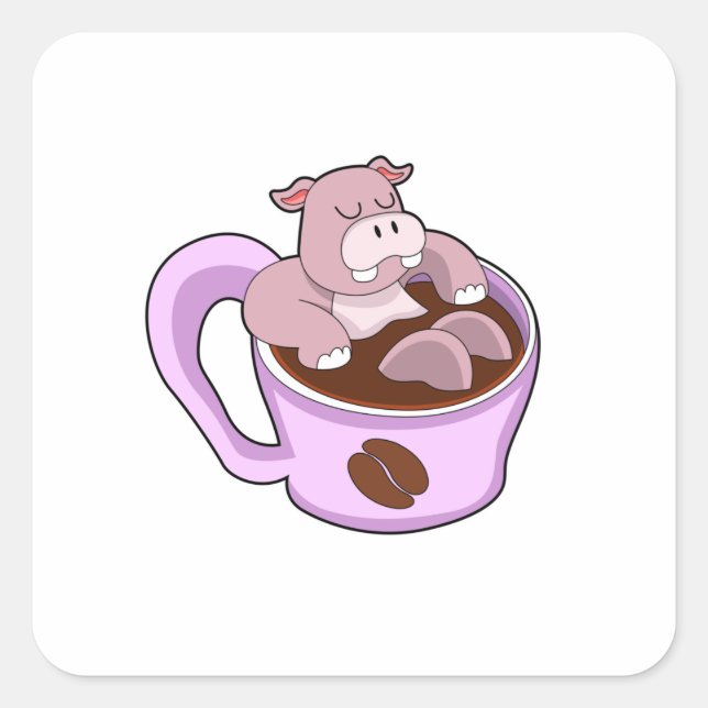 Hippo with Cup of Coffee Quadratischer Aufkleber (Vorderseite)