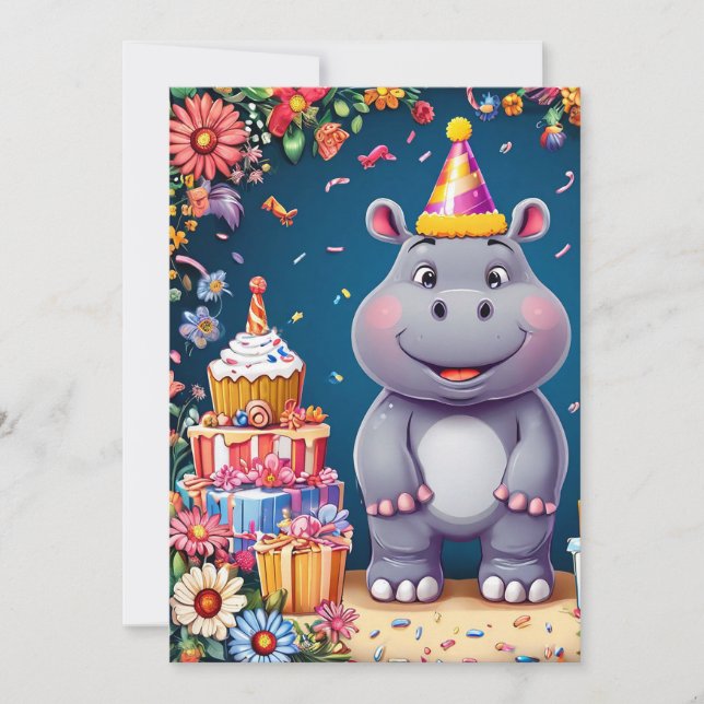 Hippo zum Geburtstag mit Kuchen und Ballons Einladung (Vorderseite)